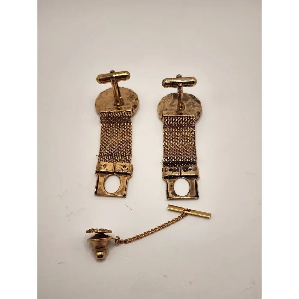 Vintage Swank Zodiac Horoscope Gold Tone Mesh Cufflinks & Tie / Lapel Pin